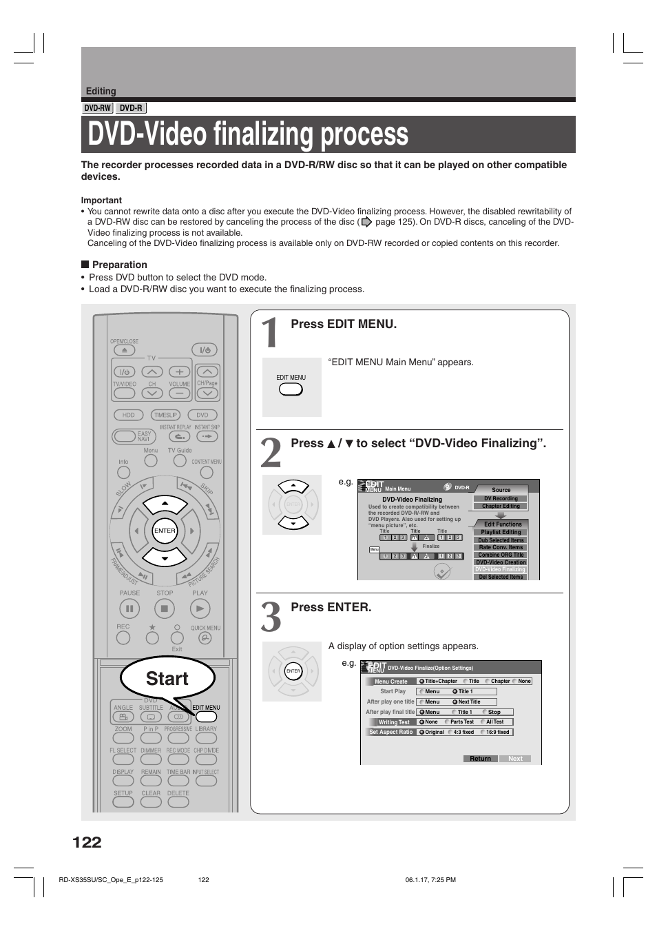 Dvd-video finalizing process, Start, Press edit menu | Press / to select “dvd-video finalizing, Press enter | Toshiba HDD/DVD Video Recorder RD-XS35SU User Manual | Page 122 / 225