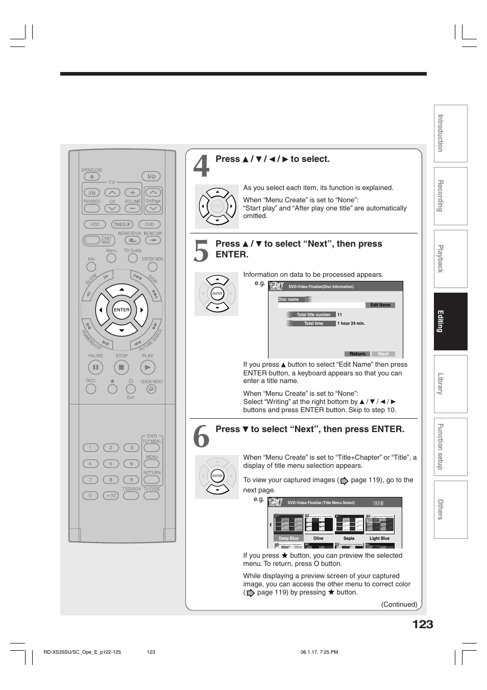 Press / / / to select, Press / to select “next”, then press enter, Press to select “next”, then press enter | Toshiba HDD/DVD Video Recorder RD-XS35SU User Manual | Page 123 / 225