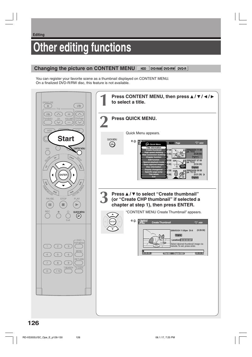 Other editing functions, Start, Changing the picture on content menu | Press quick menu | Toshiba HDD/DVD Video Recorder RD-XS35SU User Manual | Page 126 / 225