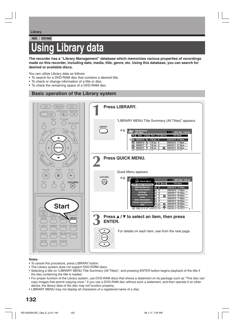 Using library data, Start, Basic operation of the library system | Press library, Press quick menu, Press / to select an item, then press enter, Library | Toshiba HDD/DVD Video Recorder RD-XS35SU User Manual | Page 132 / 225