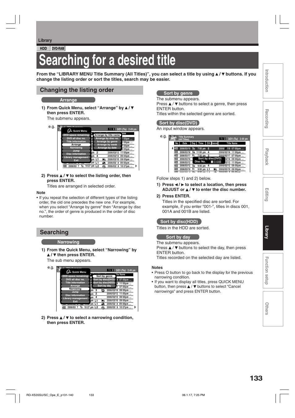 Searching for a desired title, Changing the listing order, Searching | Arrange, Narrowing, Sort by genre, Sort by disc(dvd), Sort by disc(hdd), Sort by day, Titles in the hdd are sorted | Toshiba HDD/DVD Video Recorder RD-XS35SU User Manual | Page 133 / 225