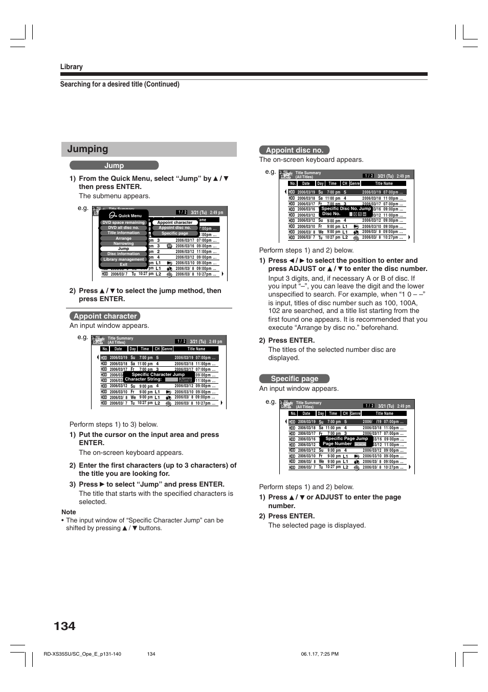 Jumping, Searching for a desired title (continued) library, Jump | Appoint character, Appoint disc no, Specific page | Toshiba HDD/DVD Video Recorder RD-XS35SU User Manual | Page 134 / 225