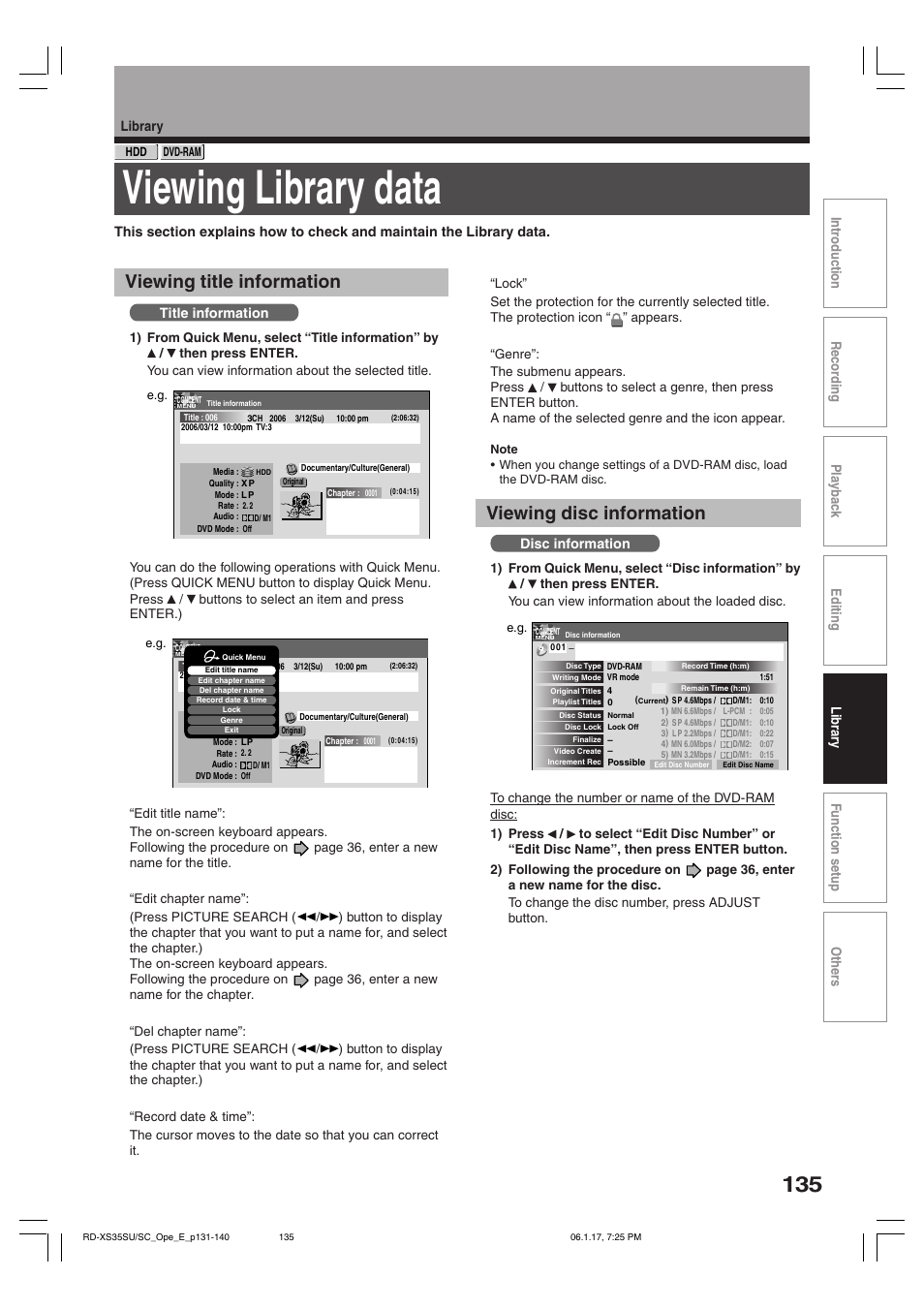 Viewing library data, Viewing title information, Viewing disc information | Library, Title information, Disc information | Toshiba HDD/DVD Video Recorder RD-XS35SU User Manual | Page 135 / 225
