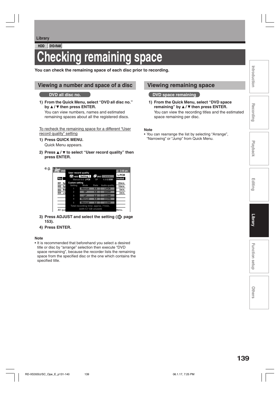Checking remaining space, Viewing a number and space of a disc, Viewing remaining space | Dvd all disc no, Dvd space remaining | Toshiba HDD/DVD Video Recorder RD-XS35SU User Manual | Page 139 / 225
