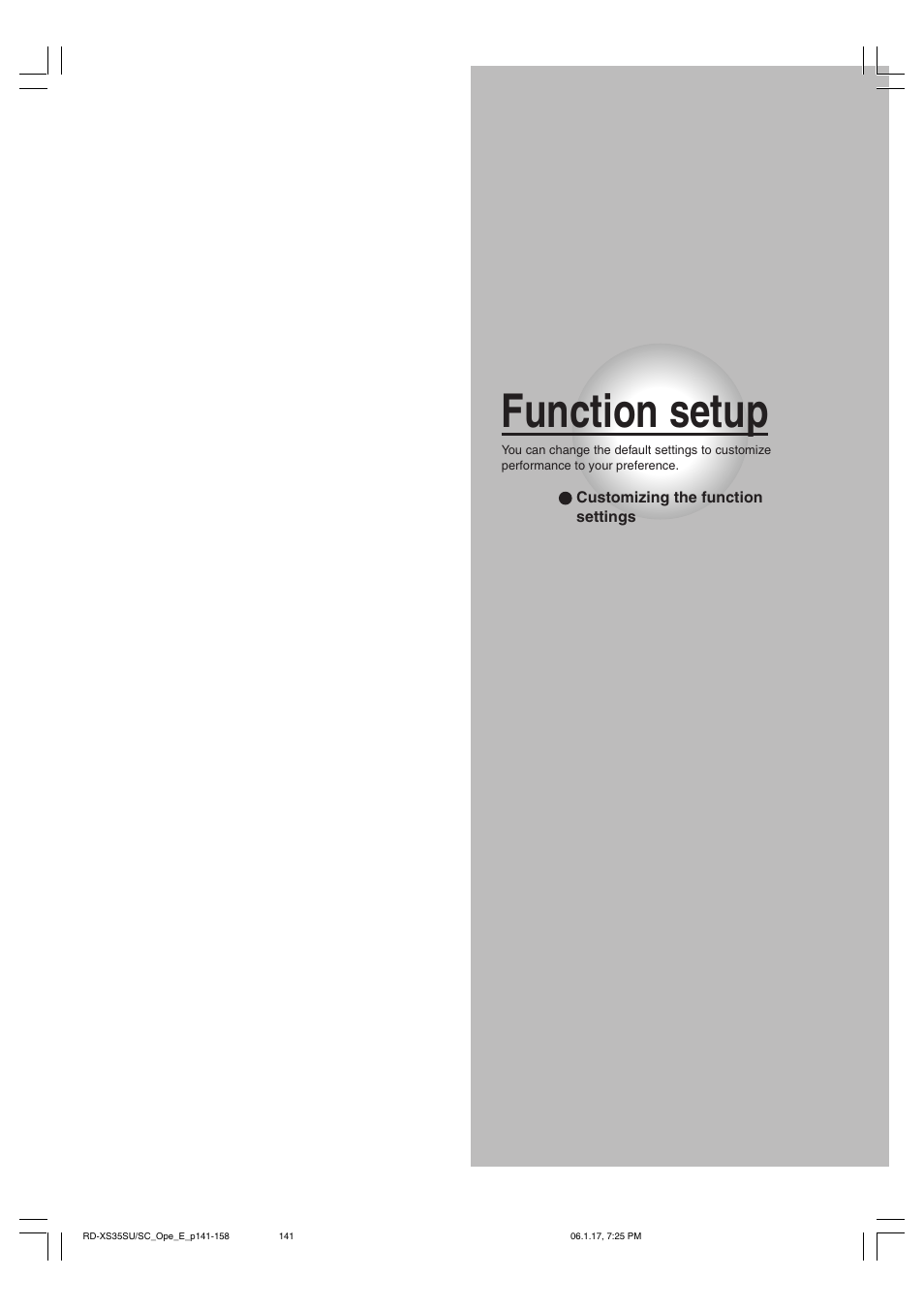 Function setup | Toshiba HDD/DVD Video Recorder RD-XS35SU User Manual | Page 141 / 225