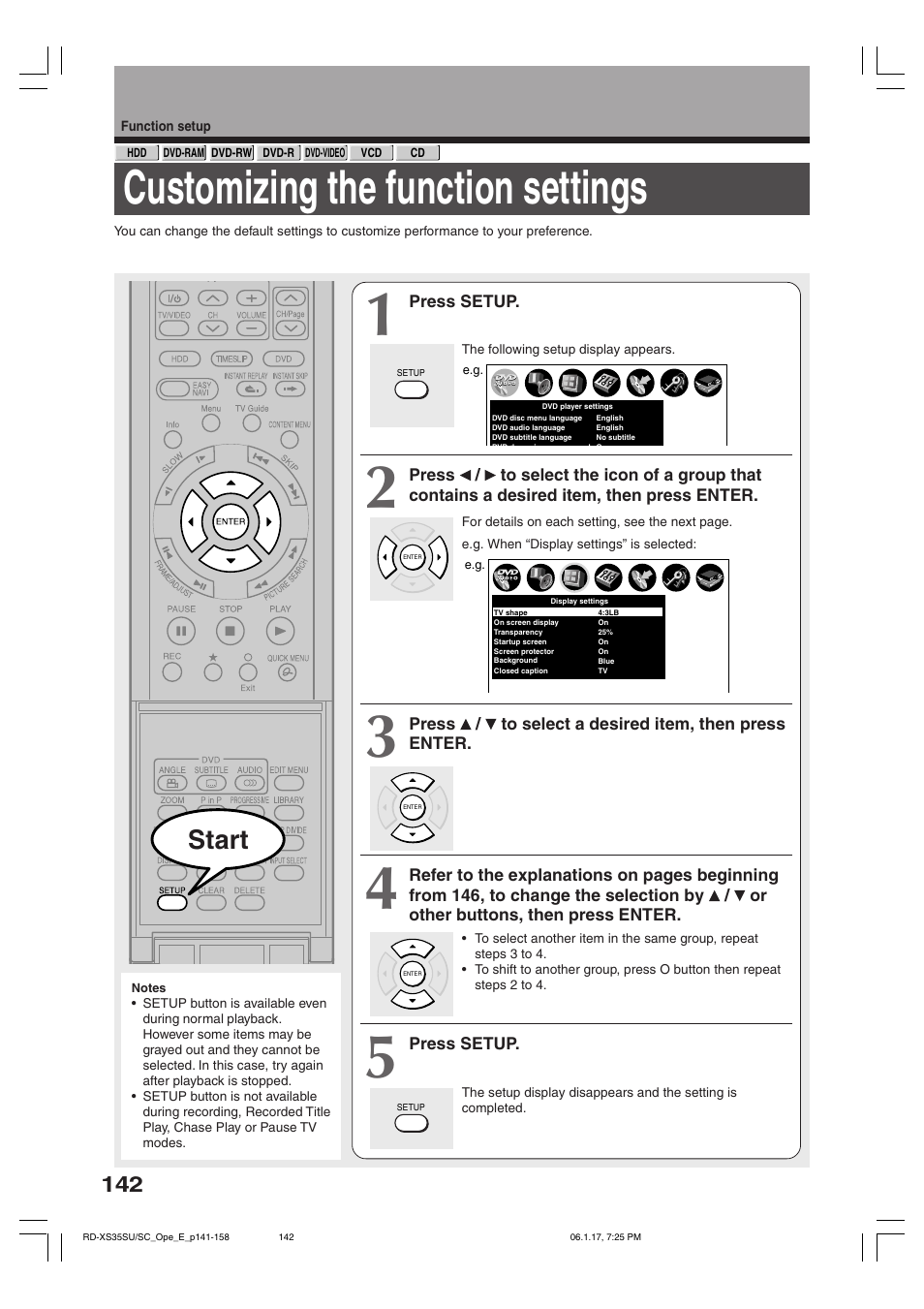 Customizing the function settings, Start | Toshiba HDD/DVD Video Recorder RD-XS35SU User Manual | Page 142 / 225