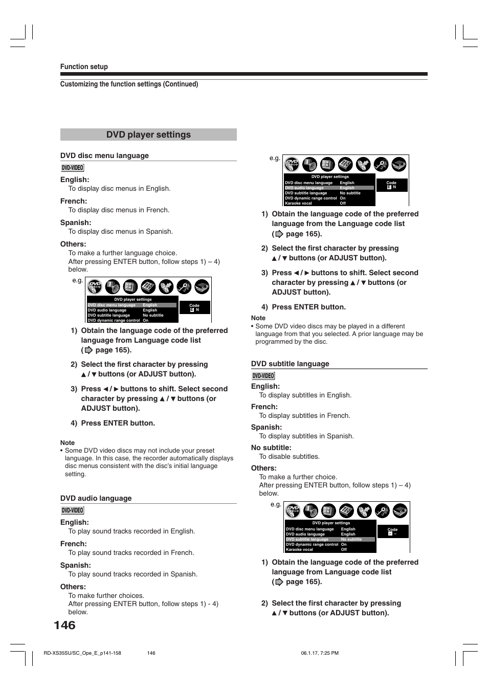 Dvd player settings | Toshiba HDD/DVD Video Recorder RD-XS35SU User Manual | Page 146 / 225