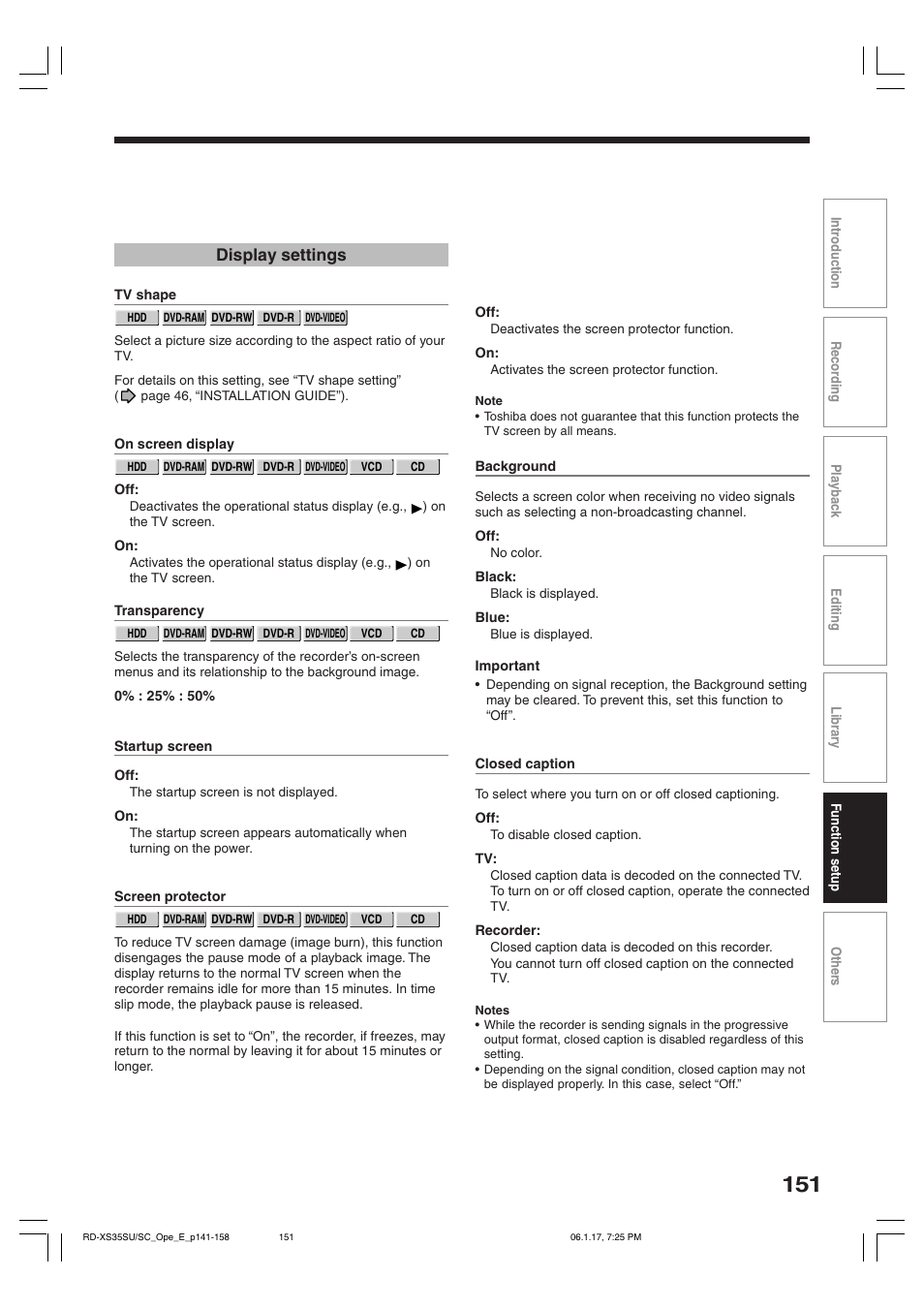Display settings | Toshiba HDD/DVD Video Recorder RD-XS35SU User Manual | Page 151 / 225