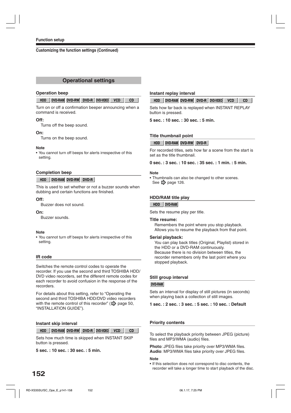 Operational settings | Toshiba HDD/DVD Video Recorder RD-XS35SU User Manual | Page 152 / 225