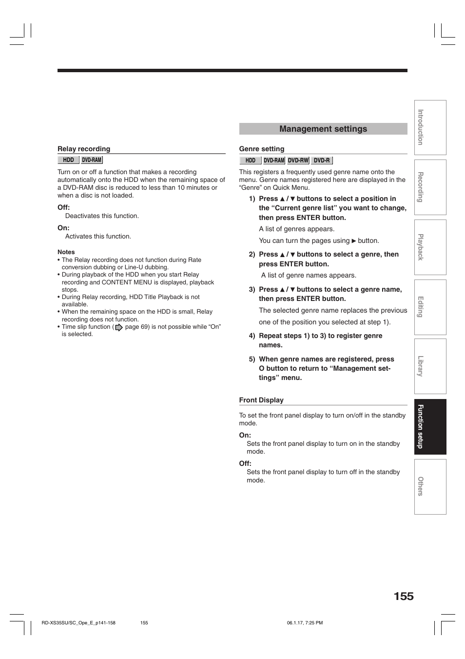Management settings | Toshiba HDD/DVD Video Recorder RD-XS35SU User Manual | Page 155 / 225