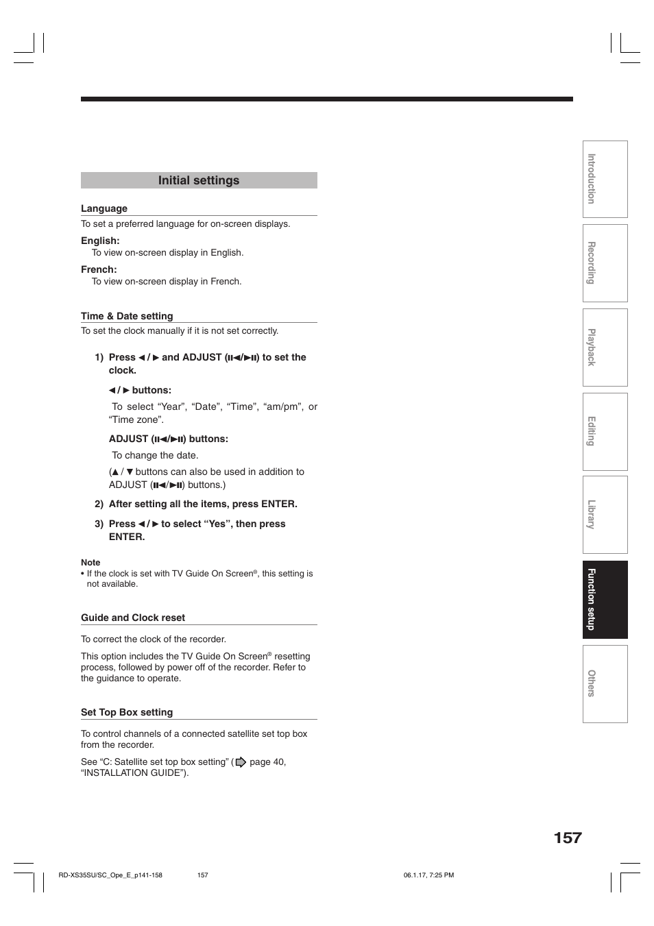 Initial settings | Toshiba HDD/DVD Video Recorder RD-XS35SU User Manual | Page 157 / 225