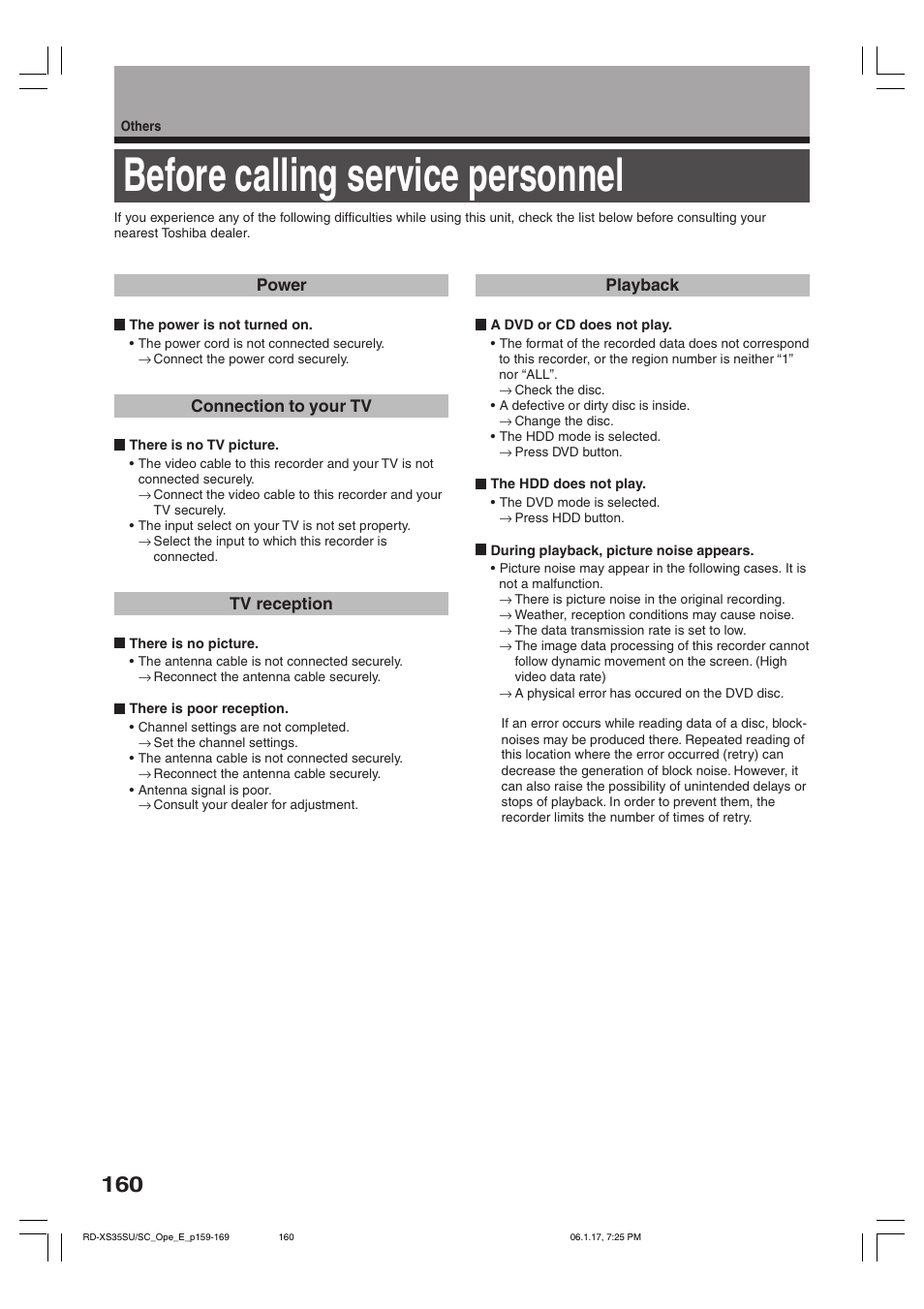 Before calling service personnel | Toshiba HDD/DVD Video Recorder RD-XS35SU User Manual | Page 160 / 225