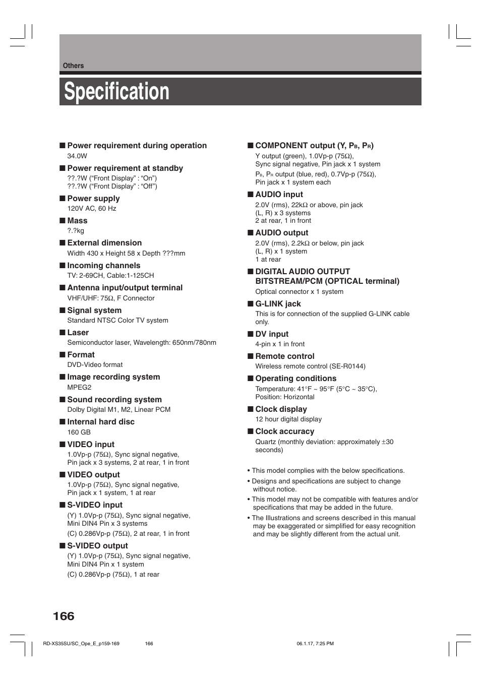 Specification | Toshiba HDD/DVD Video Recorder RD-XS35SU User Manual | Page 166 / 225