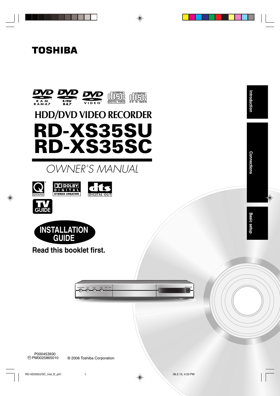 Rd-xs35su rd-xs35sc, Owner’s manual, Hdd/dvd video recorder | Installation guide | Toshiba HDD/DVD Video Recorder RD-XS35SU User Manual | Page 170 / 225