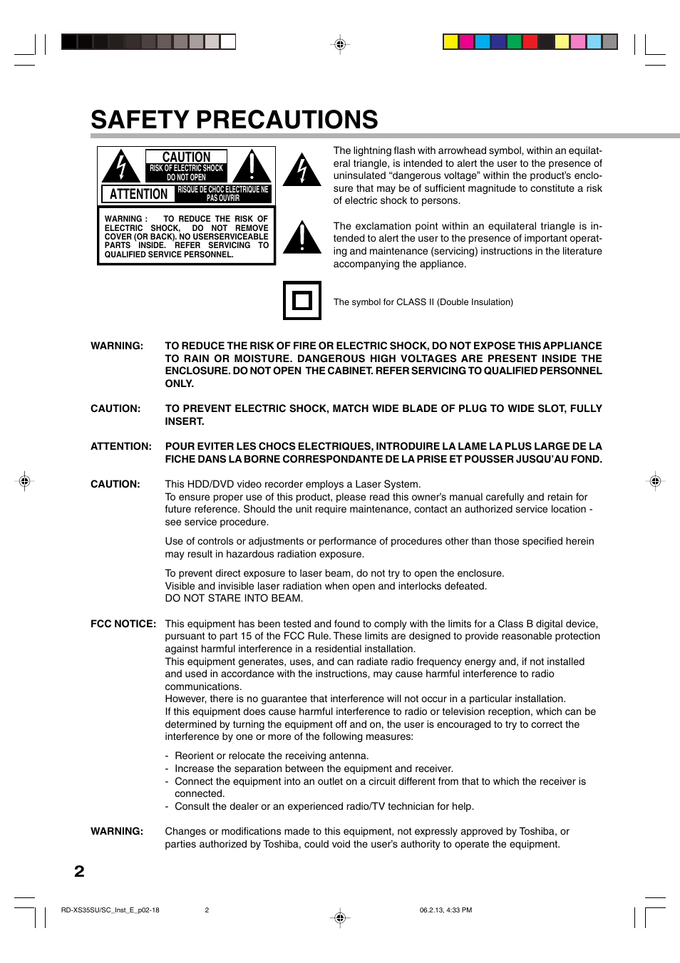 Safety precautions, Attention, Caution | Toshiba HDD/DVD Video Recorder RD-XS35SU User Manual | Page 171 / 225