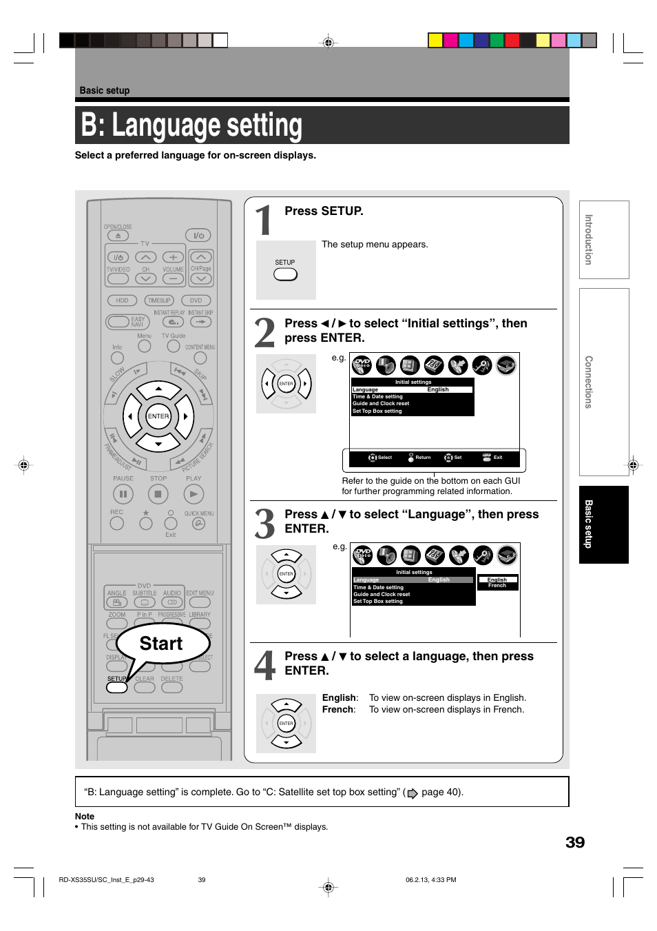B: language setting, Start | Toshiba HDD/DVD Video Recorder RD-XS35SU User Manual | Page 208 / 225