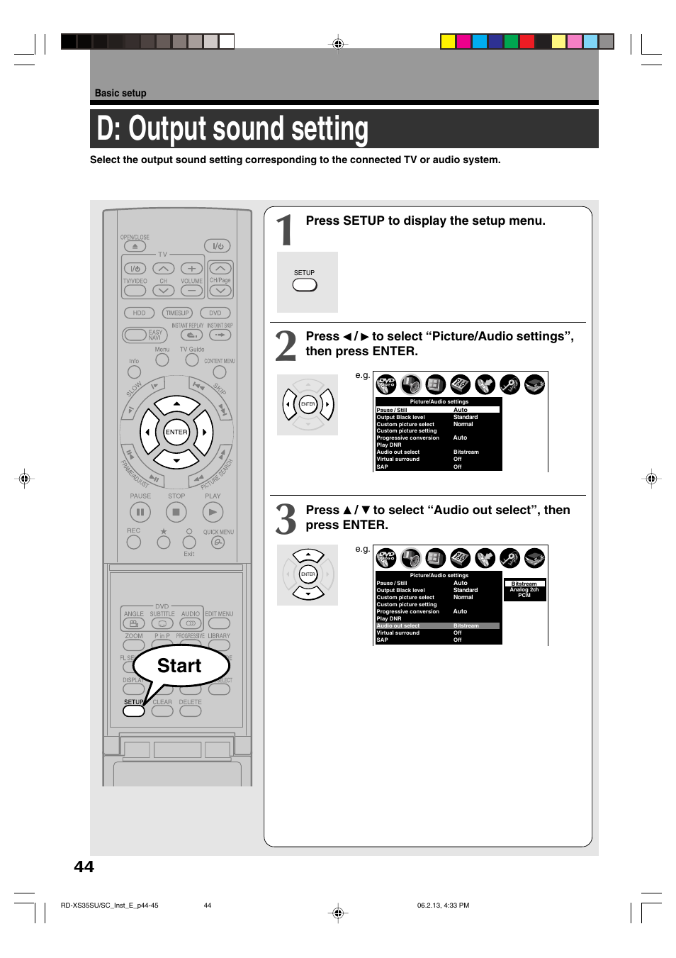 D: output sound setting, Start, Press setup to display the setup menu | Toshiba HDD/DVD Video Recorder RD-XS35SU User Manual | Page 213 / 225
