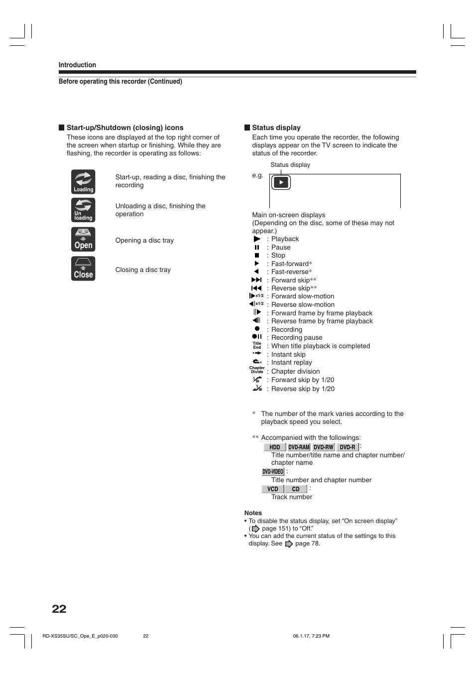 Open, Close | Toshiba HDD/DVD Video Recorder RD-XS35SU User Manual | Page 22 / 225