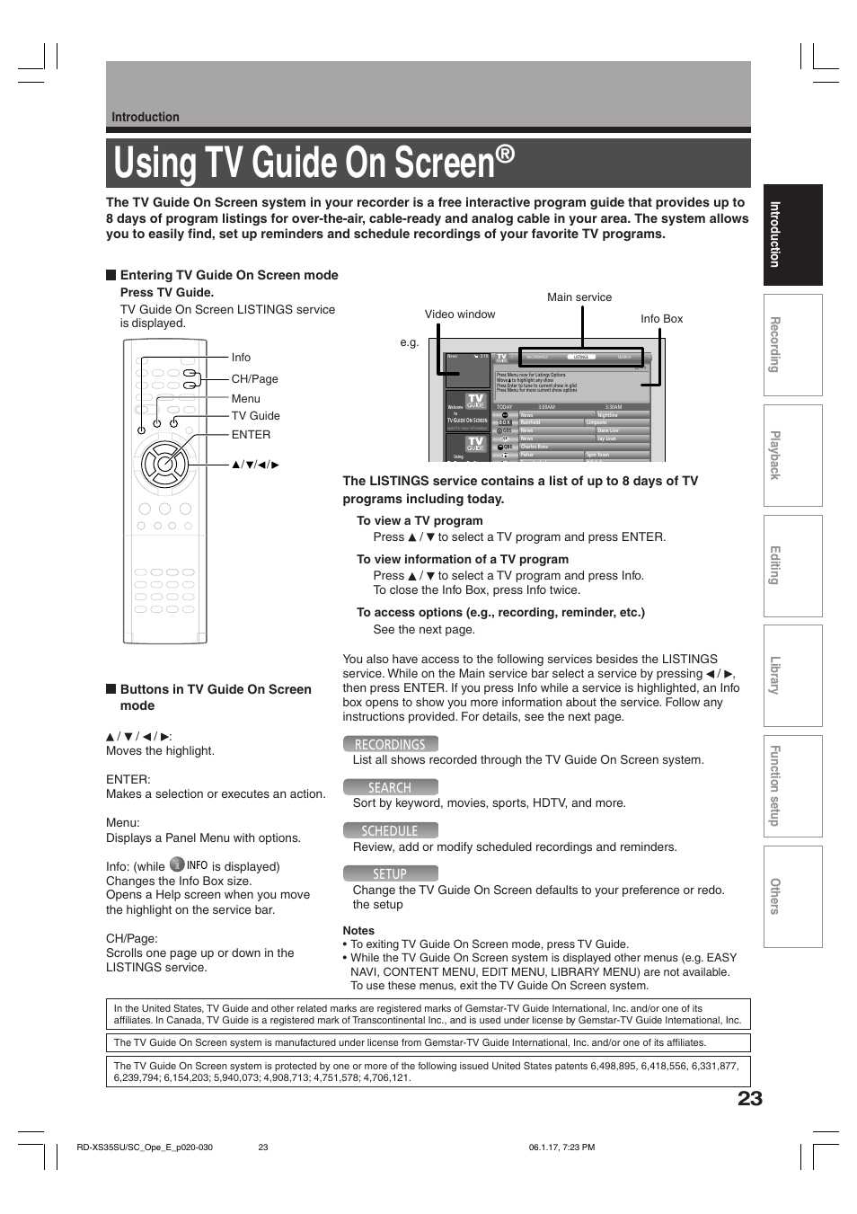 Using tv guide on screen, Recordings, Search | Schedule, Setup, Buttons in tv guide on screen mode | Toshiba HDD/DVD Video Recorder RD-XS35SU User Manual | Page 23 / 225