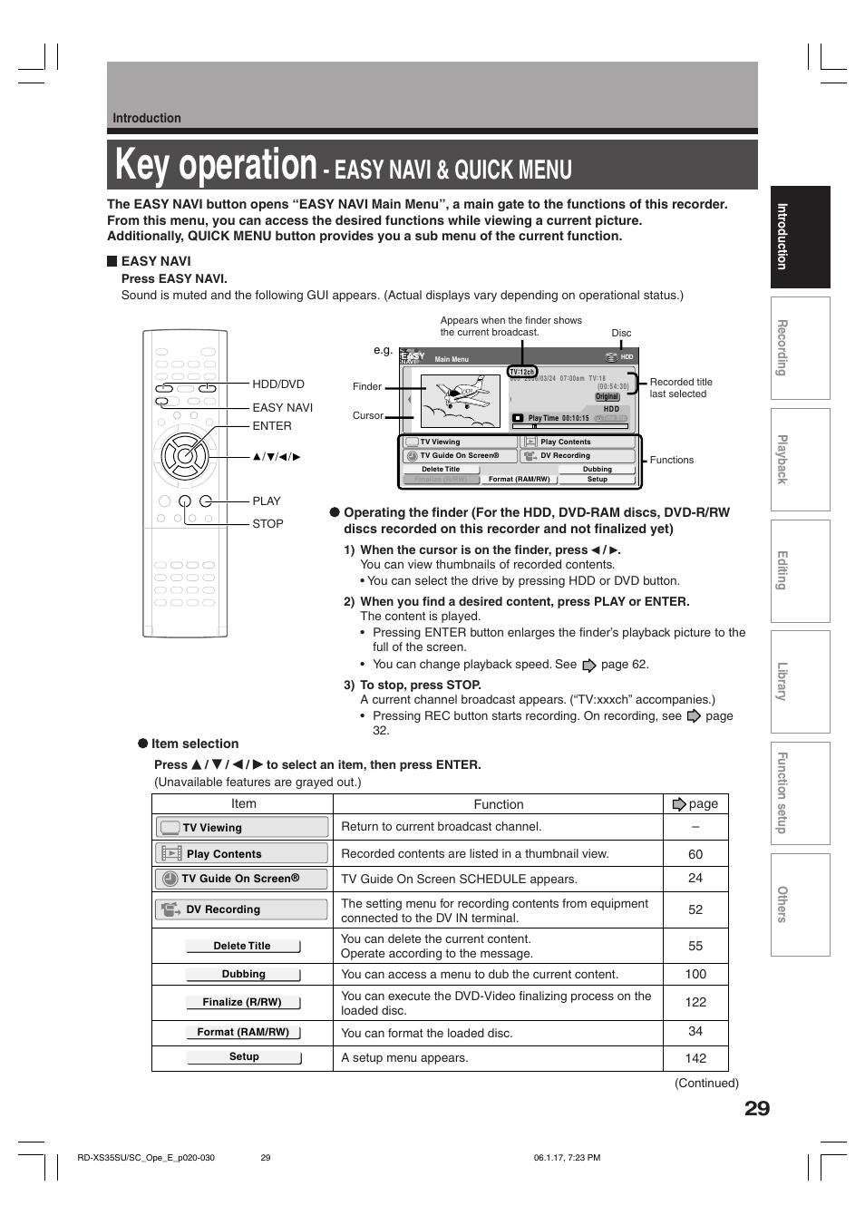 Key operation, Easy navi & quick menu | Toshiba HDD/DVD Video Recorder RD-XS35SU User Manual | Page 29 / 225