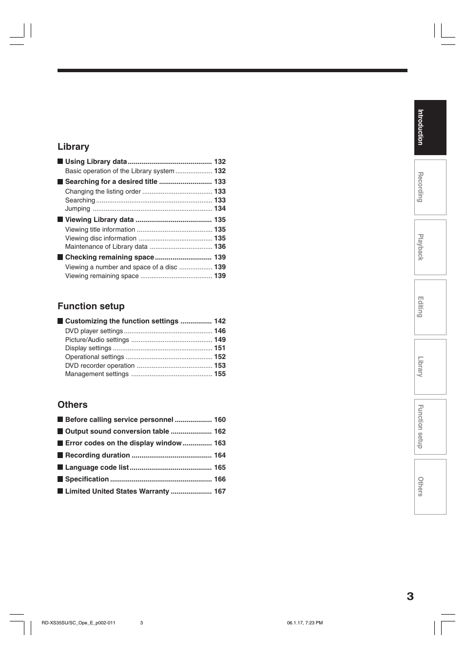 Library, Function setup, Others | Toshiba HDD/DVD Video Recorder RD-XS35SU User Manual | Page 3 / 225