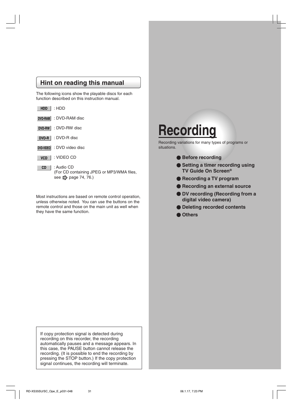 Recording, Hint on reading this manual | Toshiba HDD/DVD Video Recorder RD-XS35SU User Manual | Page 31 / 225