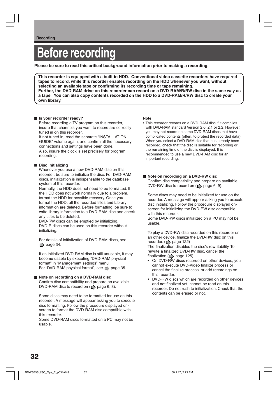Before recording | Toshiba HDD/DVD Video Recorder RD-XS35SU User Manual | Page 32 / 225