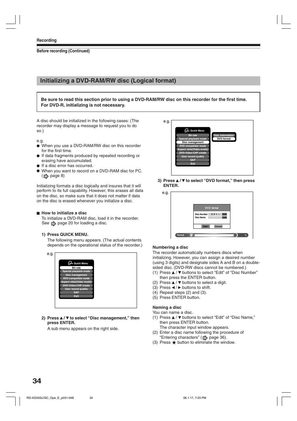 Initializing a dvd-ram/rw disc (logical format) | Toshiba HDD/DVD Video Recorder RD-XS35SU User Manual | Page 34 / 225