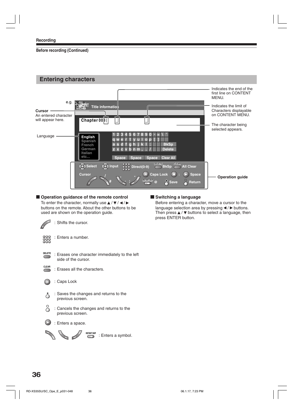 Entering characters | Toshiba HDD/DVD Video Recorder RD-XS35SU User Manual | Page 36 / 225