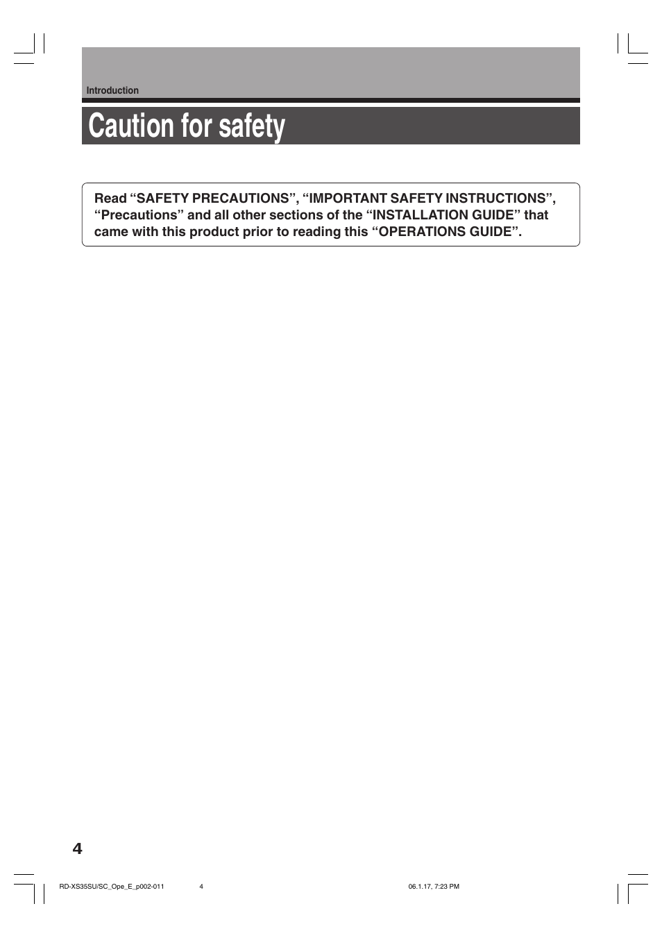 Caution for safety | Toshiba HDD/DVD Video Recorder RD-XS35SU User Manual | Page 4 / 225