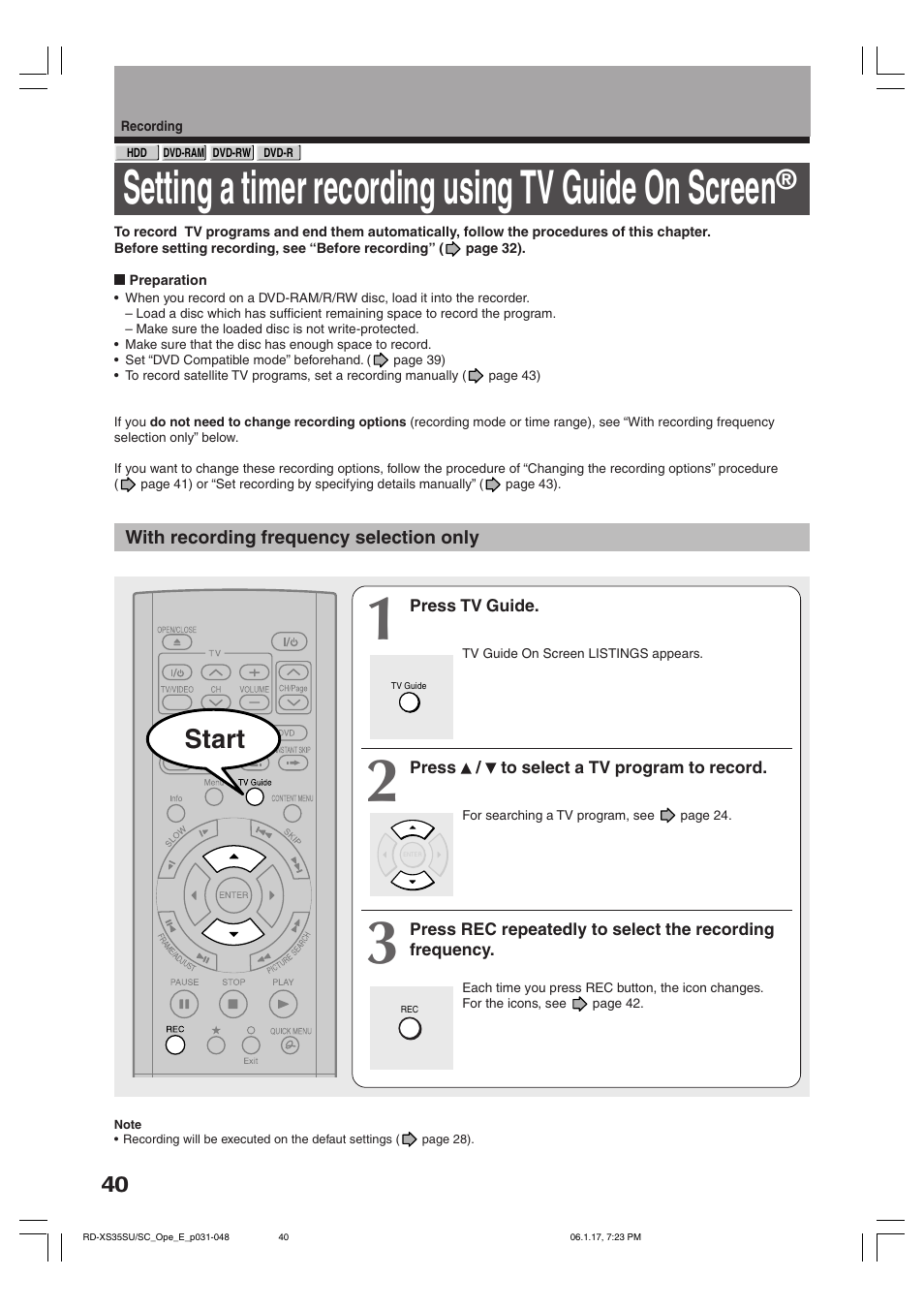 Setting a timer recording using tv guide on screen, Start | Toshiba HDD/DVD Video Recorder RD-XS35SU User Manual | Page 40 / 225