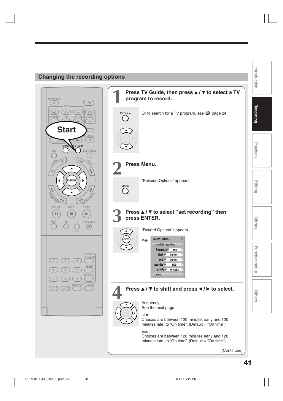 Start | Toshiba HDD/DVD Video Recorder RD-XS35SU User Manual | Page 41 / 225