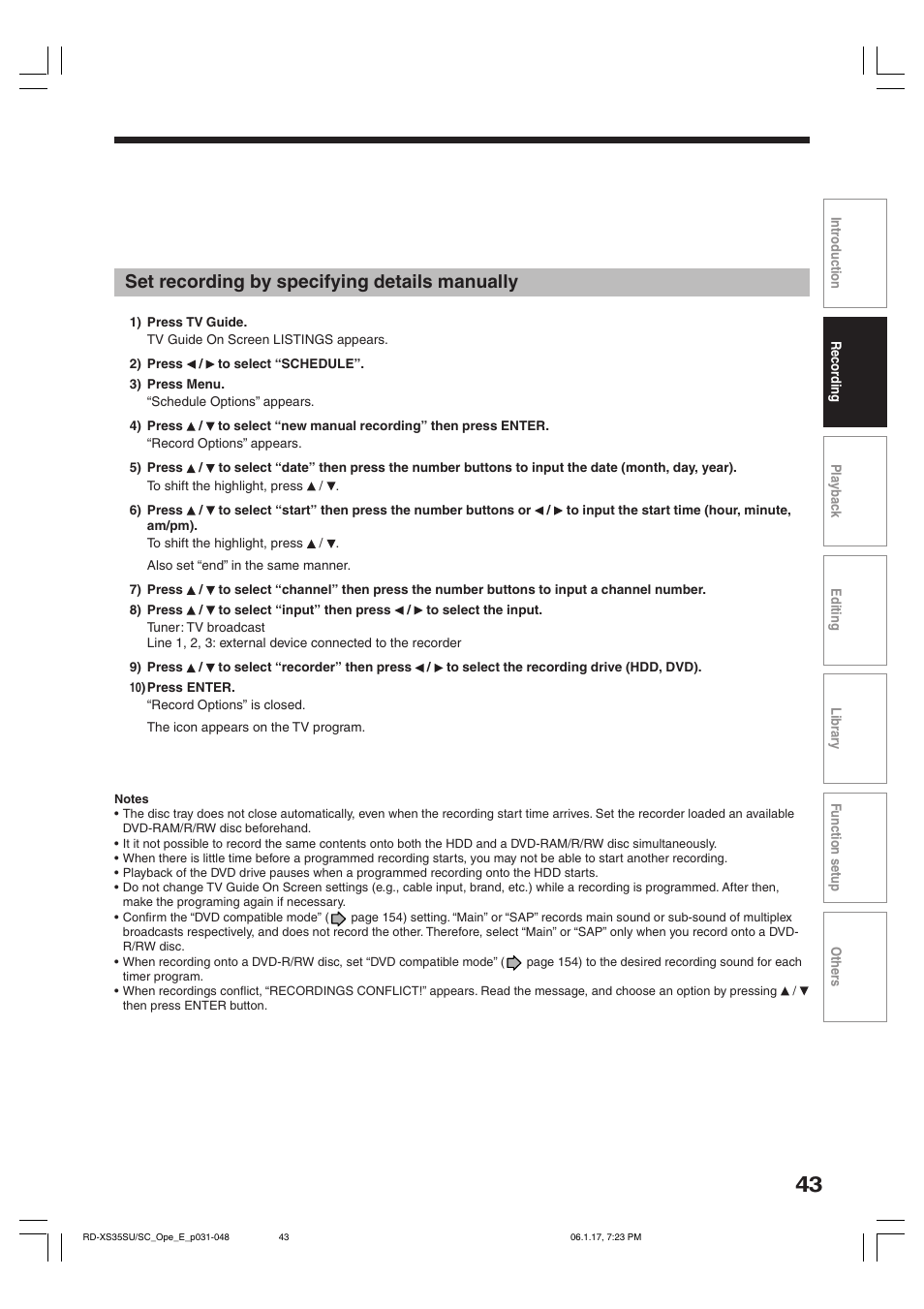 Set recording by specifying details manually | Toshiba HDD/DVD Video Recorder RD-XS35SU User Manual | Page 43 / 225