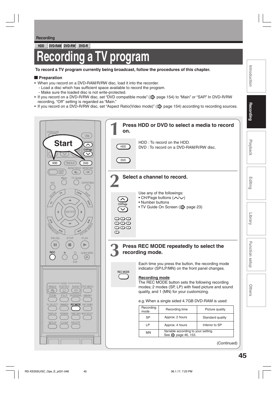 Recording a tv program, Start | Toshiba HDD/DVD Video Recorder RD-XS35SU User Manual | Page 45 / 225
