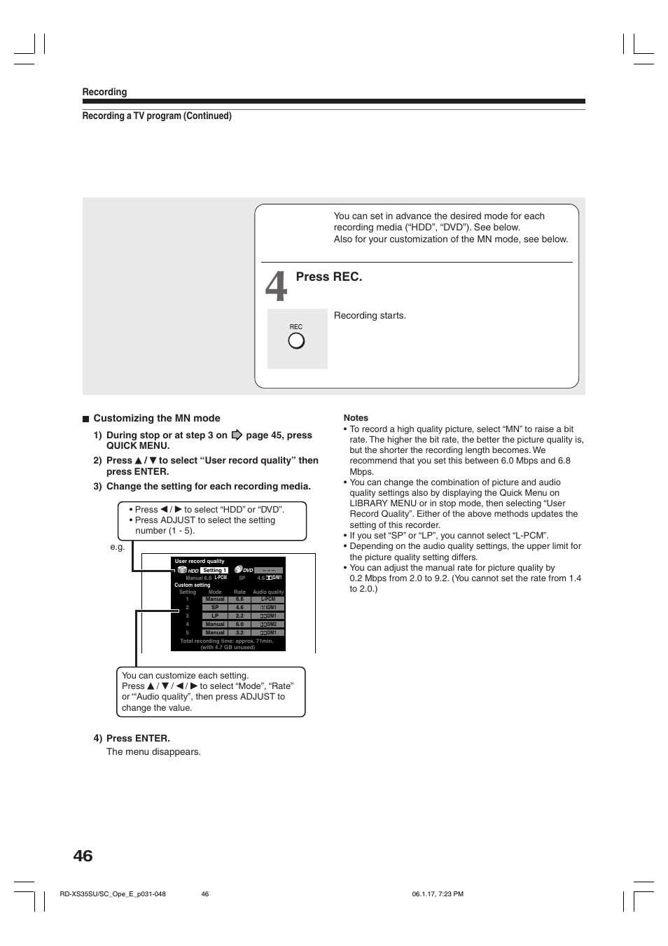 Press rec, Recording a tv program (continued) recording, Customizing the mn mode | Toshiba HDD/DVD Video Recorder RD-XS35SU User Manual | Page 46 / 225
