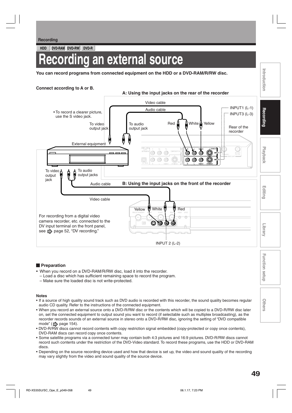 Recording an external source | Toshiba HDD/DVD Video Recorder RD-XS35SU User Manual | Page 49 / 225