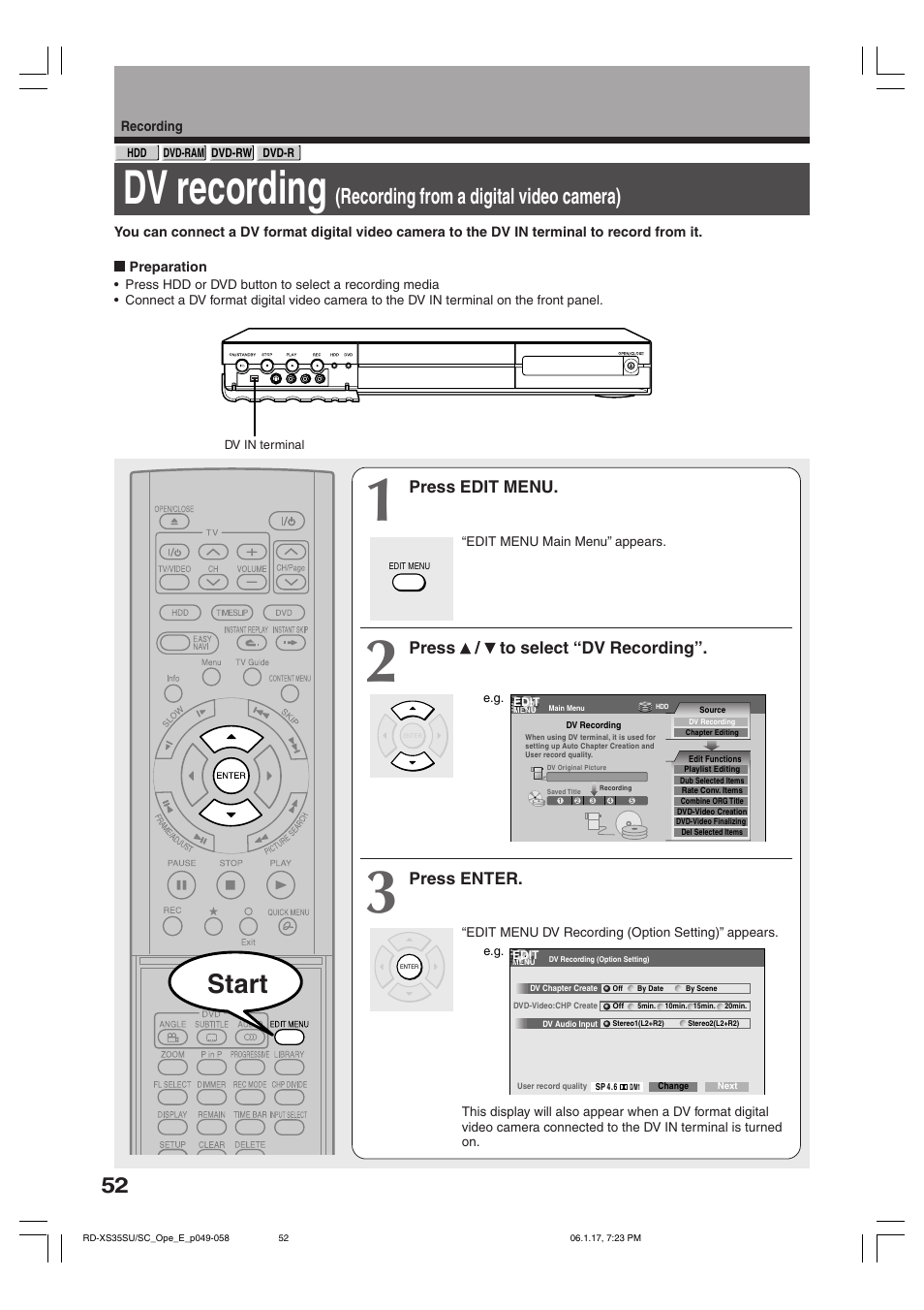 Dv recording, Start, Recording from a digital video camera) | Press edit menu, Press / to select “dv recording, Press enter | Toshiba HDD/DVD Video Recorder RD-XS35SU User Manual | Page 52 / 225