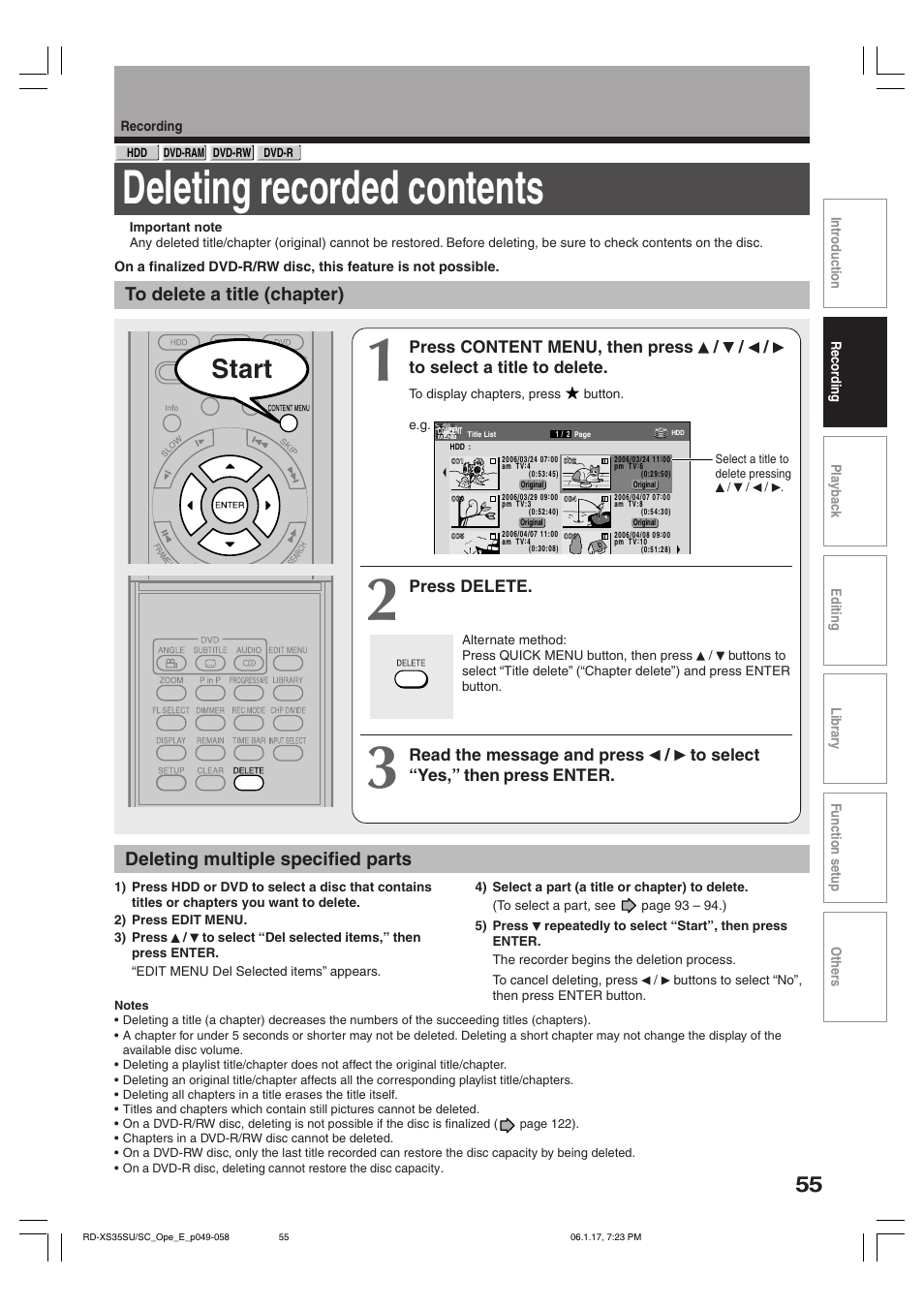 Deleting recorded contents, Start, Deleting multiple specified parts | Toshiba HDD/DVD Video Recorder RD-XS35SU User Manual | Page 55 / 225