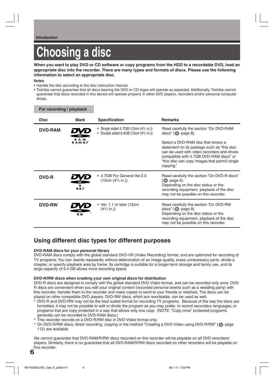 Choosing a disc, Using different disc types for different purposes | Toshiba HDD/DVD Video Recorder RD-XS35SU User Manual | Page 6 / 225