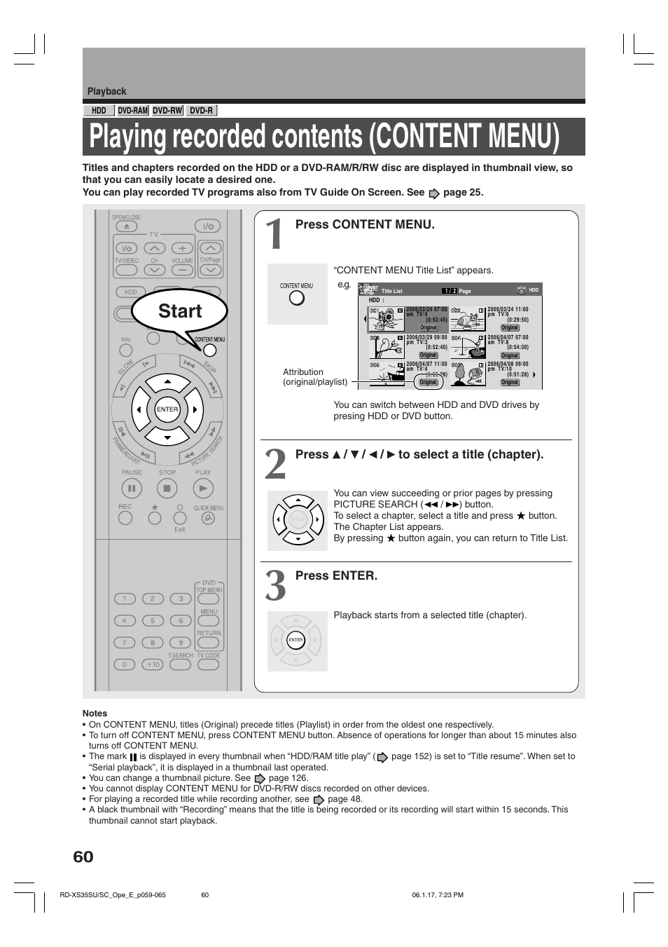 Playing recorded contents (content menu), Start, Press content menu | Press / / / to select a title (chapter), Press enter | Toshiba HDD/DVD Video Recorder RD-XS35SU User Manual | Page 60 / 225
