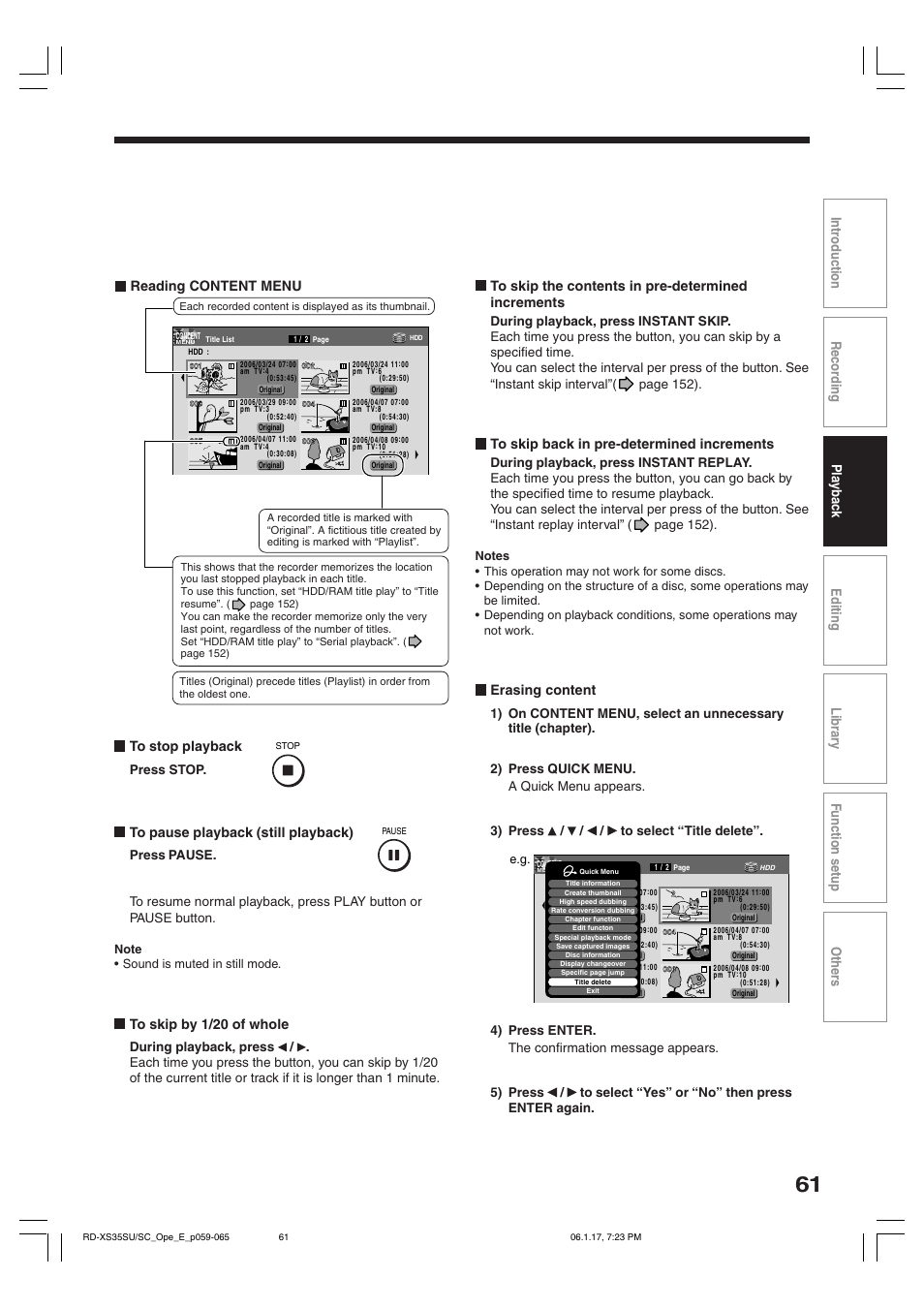 Erasing content, Reading content menu | Toshiba HDD/DVD Video Recorder RD-XS35SU User Manual | Page 61 / 225