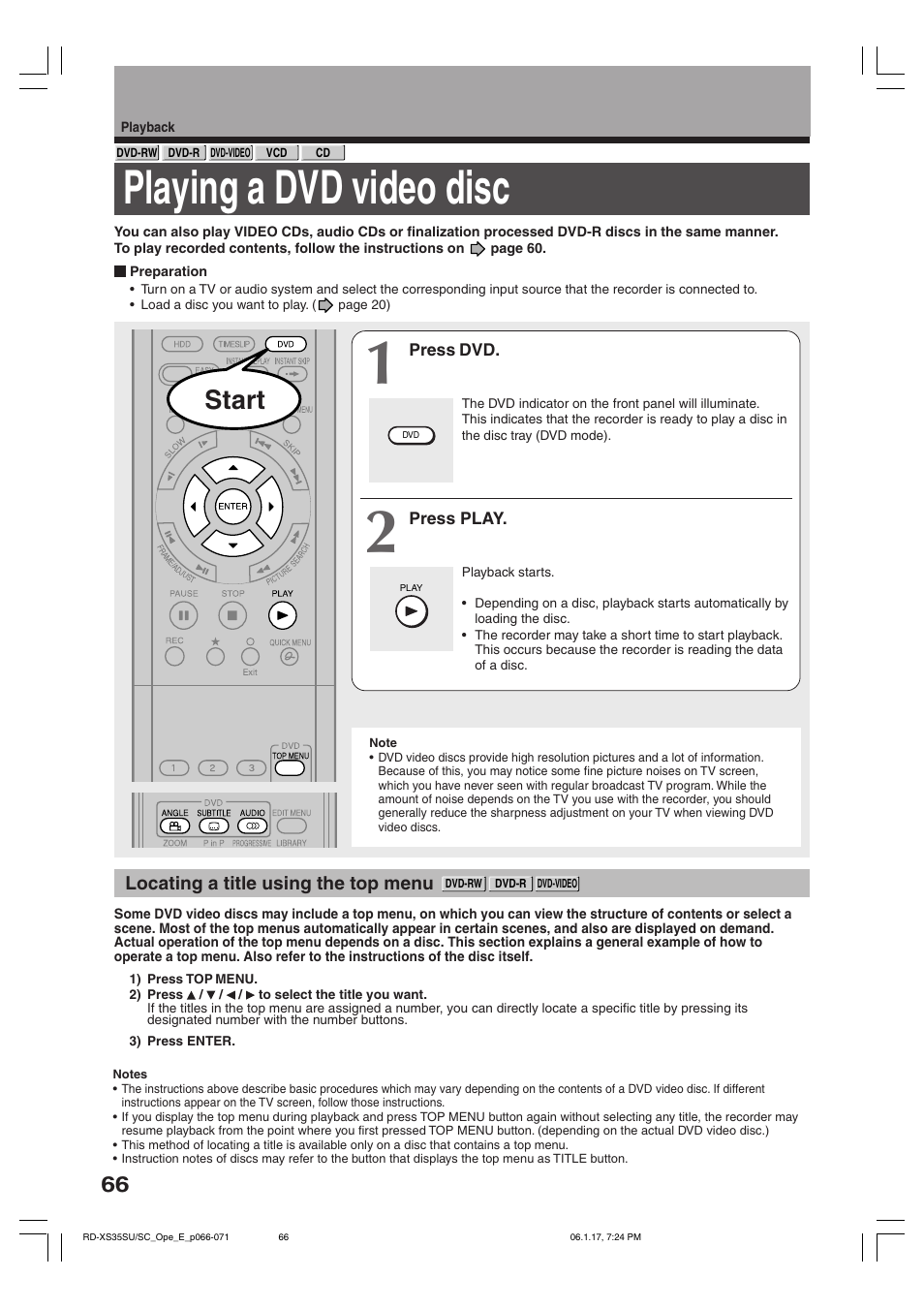 Playing a dvd video disc, Start | Toshiba HDD/DVD Video Recorder RD-XS35SU User Manual | Page 66 / 225