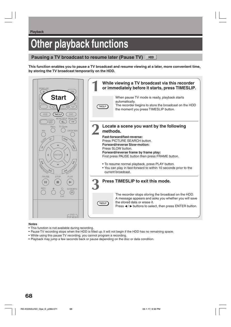 Other playback functions, Start | Toshiba HDD/DVD Video Recorder RD-XS35SU User Manual | Page 68 / 225