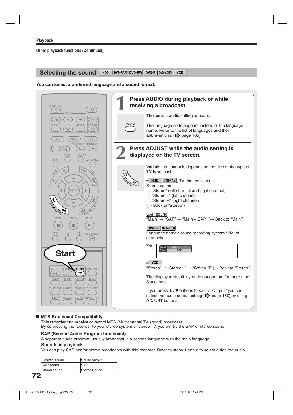 Start, Selecting the sound | Toshiba HDD/DVD Video Recorder RD-XS35SU User Manual | Page 72 / 225