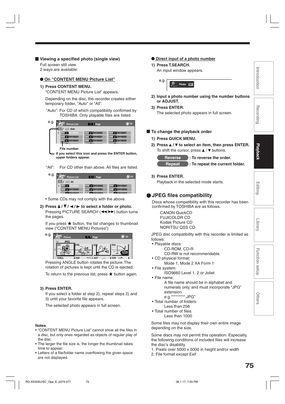 Jpeg files compatibility, On “content menu picture list, Reverse | Repeat | Toshiba HDD/DVD Video Recorder RD-XS35SU User Manual | Page 75 / 225