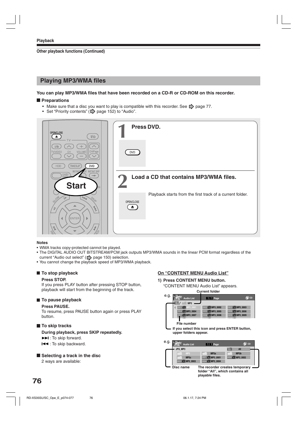 Start, Playing mp3/wma files, Press dvd | Load a cd that contains mp3/wma files | Toshiba HDD/DVD Video Recorder RD-XS35SU User Manual | Page 76 / 225