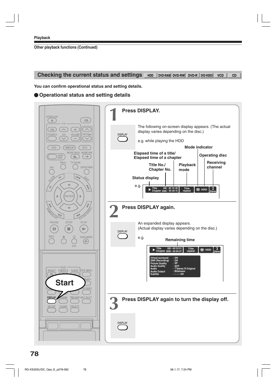 Start, Checking the current status and settings | Toshiba HDD/DVD Video Recorder RD-XS35SU User Manual | Page 78 / 225