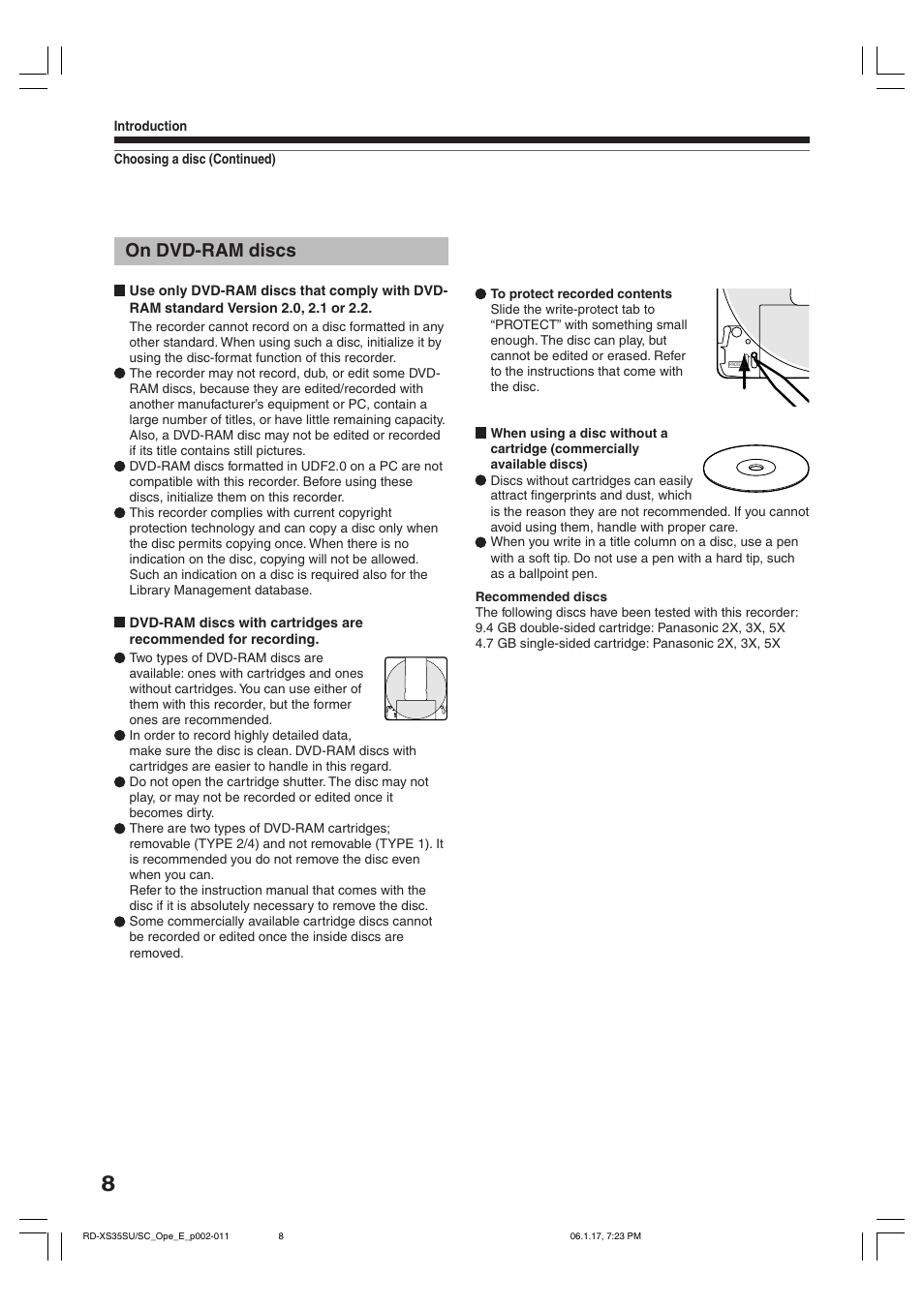 On dvd-ram discs | Toshiba HDD/DVD Video Recorder RD-XS35SU User Manual | Page 8 / 225
