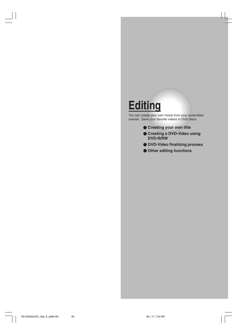 Editing | Toshiba HDD/DVD Video Recorder RD-XS35SU User Manual | Page 83 / 225