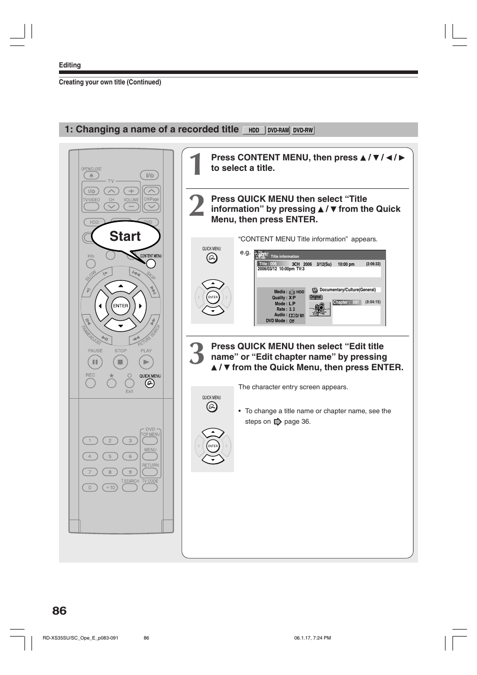 Start, Changing a name of a recorded title | Toshiba HDD/DVD Video Recorder RD-XS35SU User Manual | Page 86 / 225
